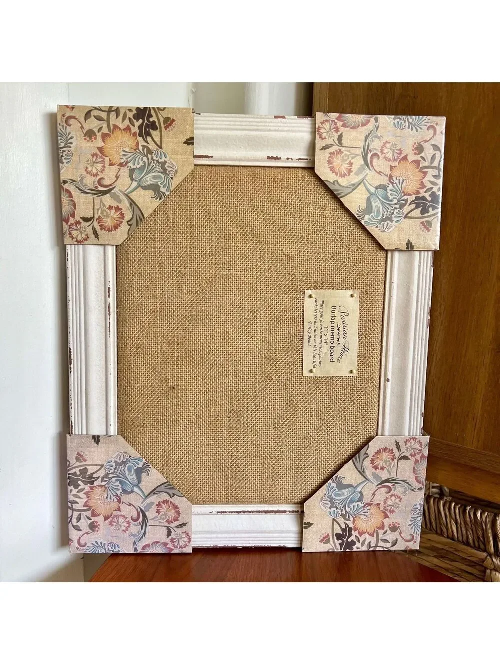 PARISAN HOME Rustic Burlap Memo Board w/Distressed White Wall Frame 11x14